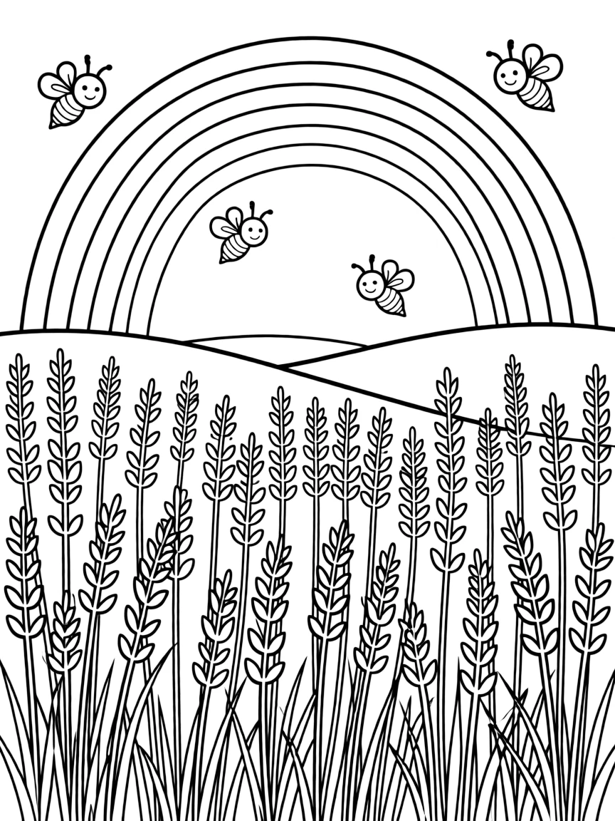 A field of lavender with bees flying above under a rainbow under a rainbow