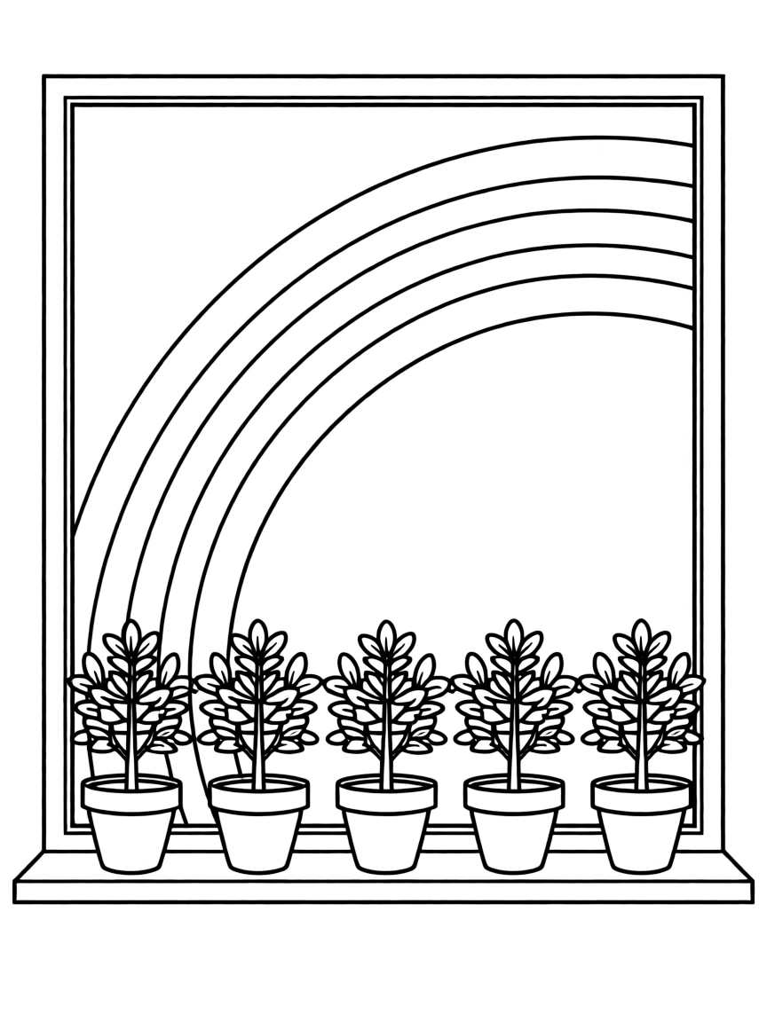 A row of potted houseshrubs on a windowsill under a rainbow