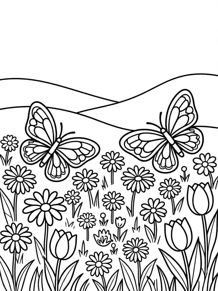A meadow scene with butterflies flying over blossoms