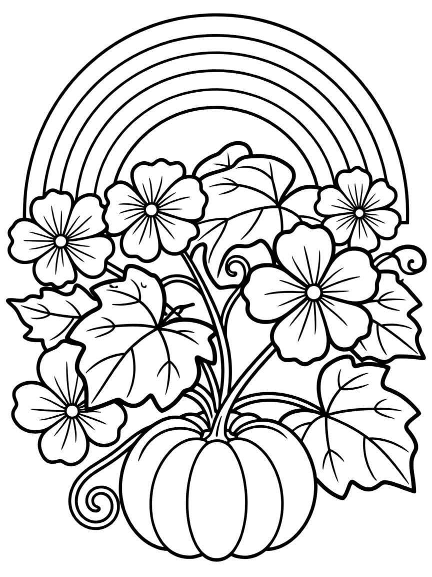 A pumpkin shrub with big leaves and blossoms under a rainbow under a rainbow