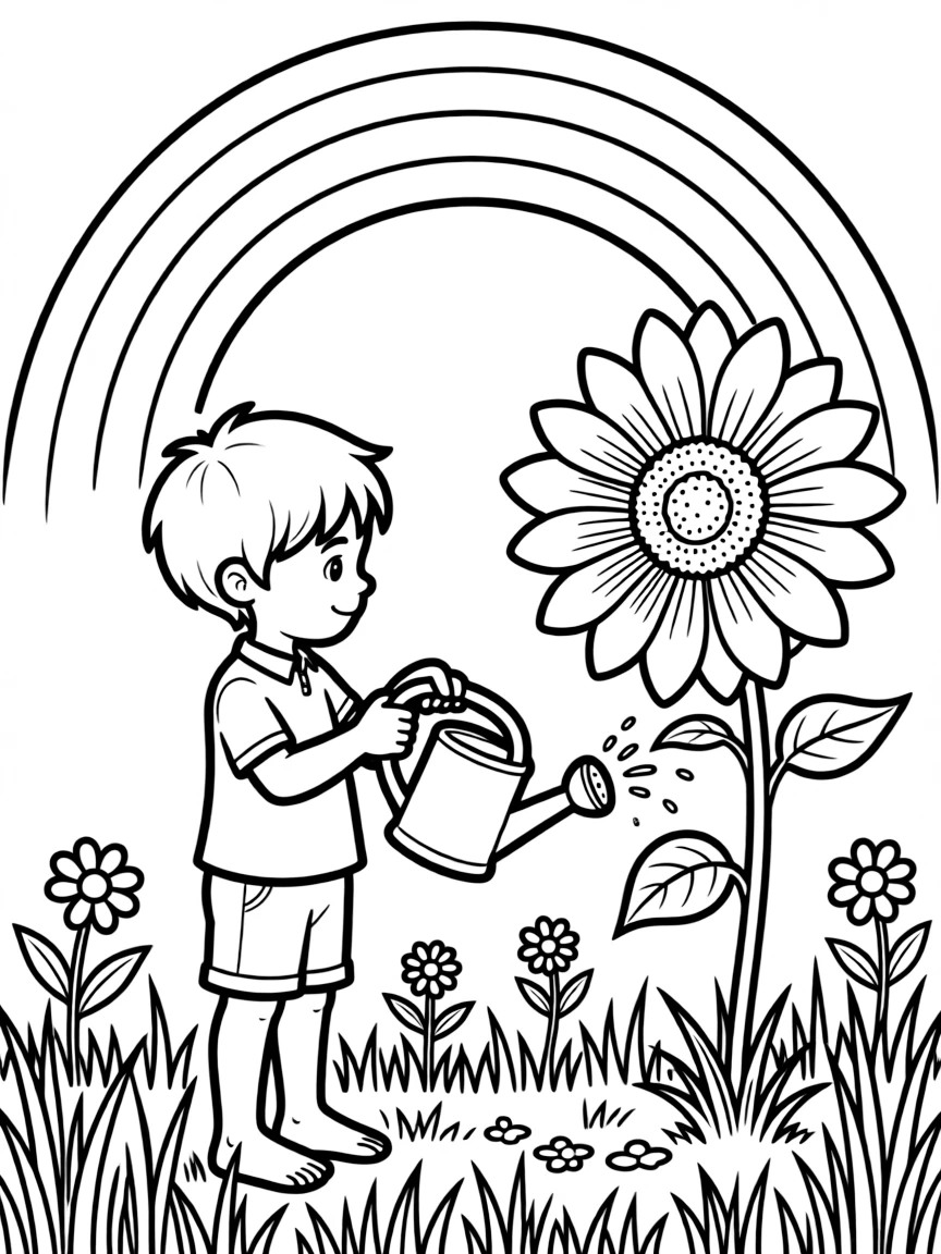 A child watering a sunblossom in the meadow under a rainbow