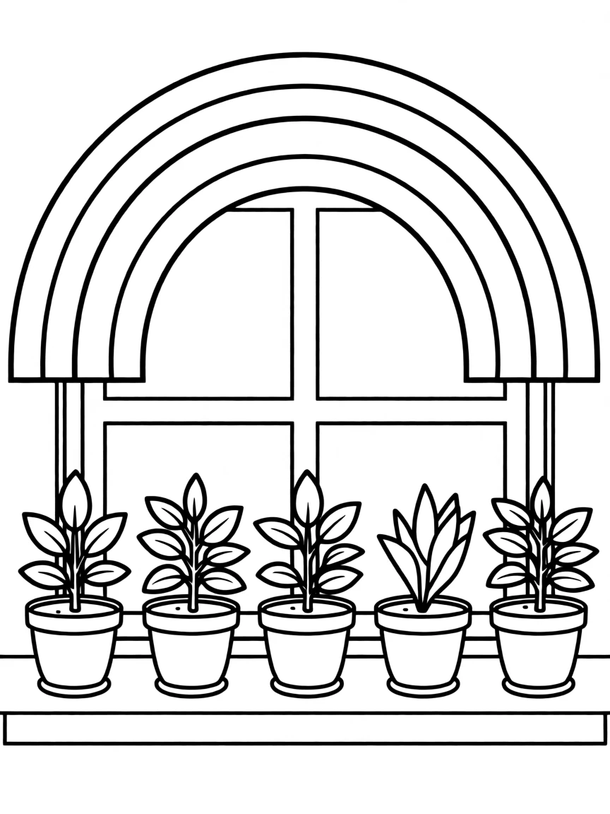 A row of potted houseshrubs on a windowsill under a rainbow
