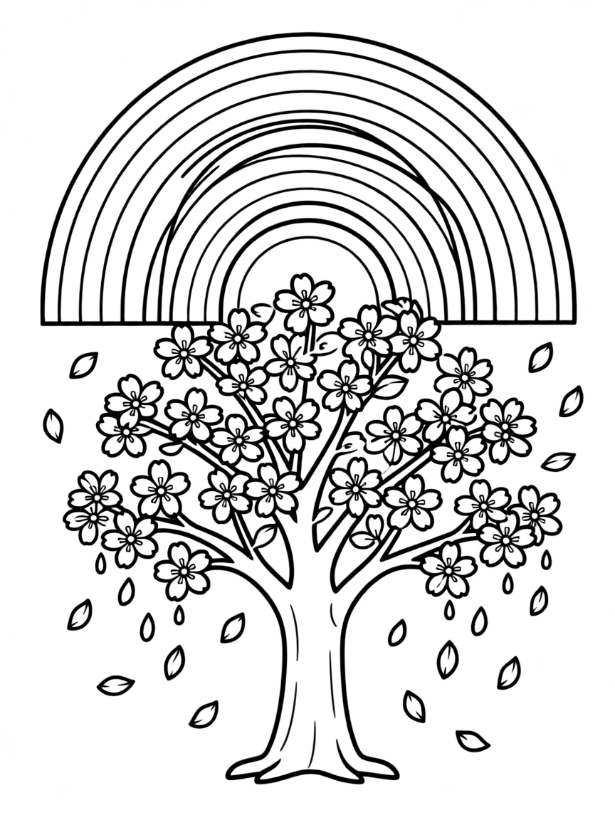 A cherry blossom tree with falling petals under a rainbow under a rainbow under a rainbow under a rainbow