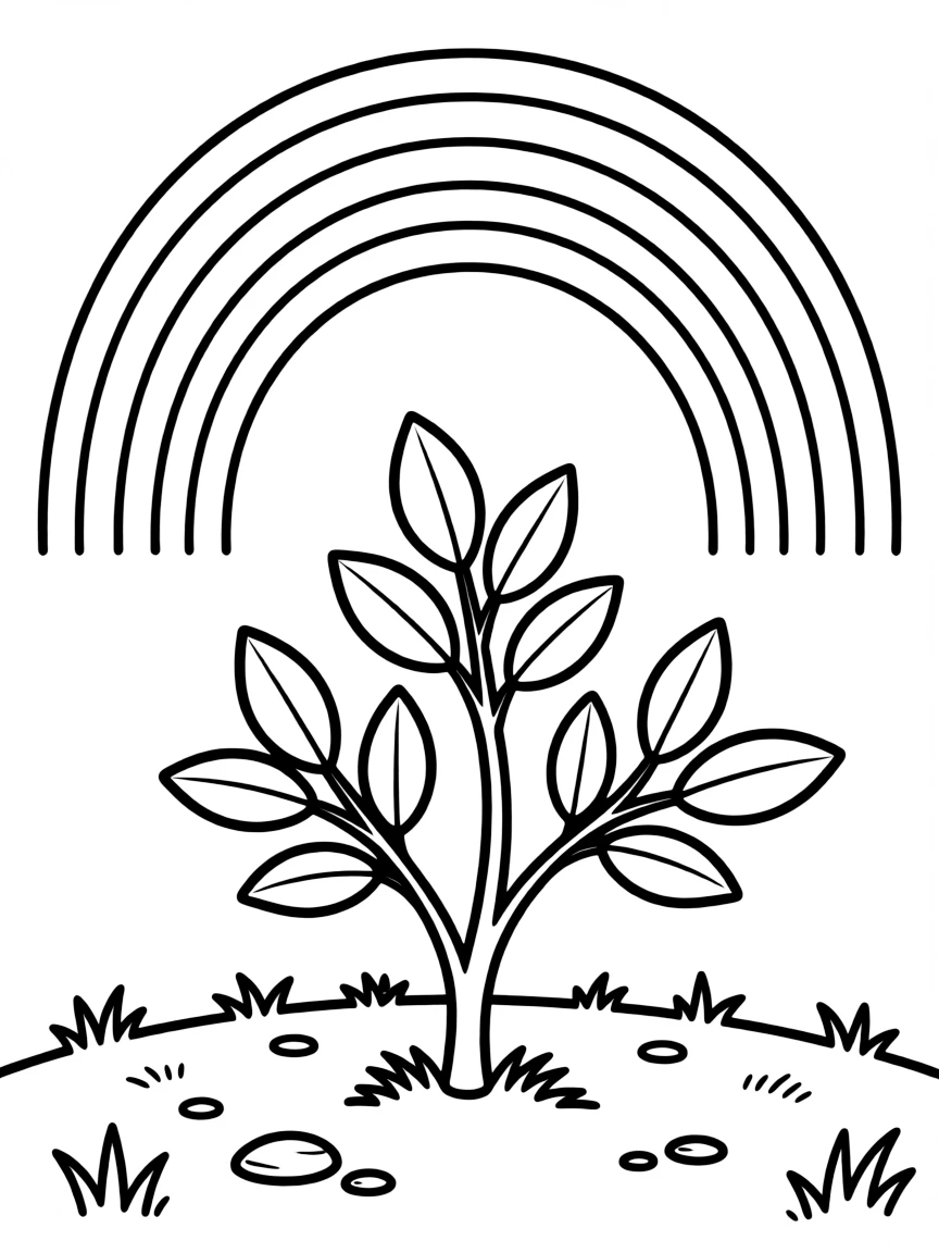 A small shrub sprouting from the ground under a rainbow