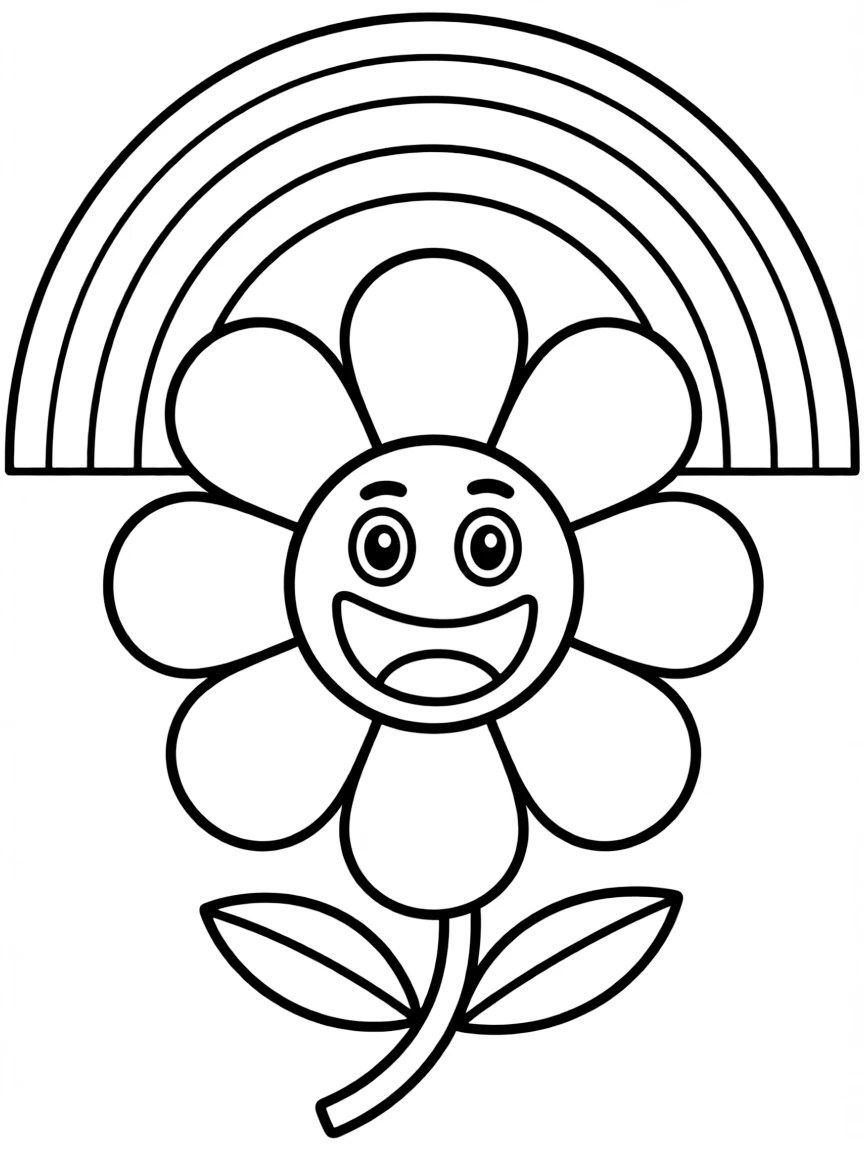 A happy blossom with cartoon eyes and a smile under a rainbow