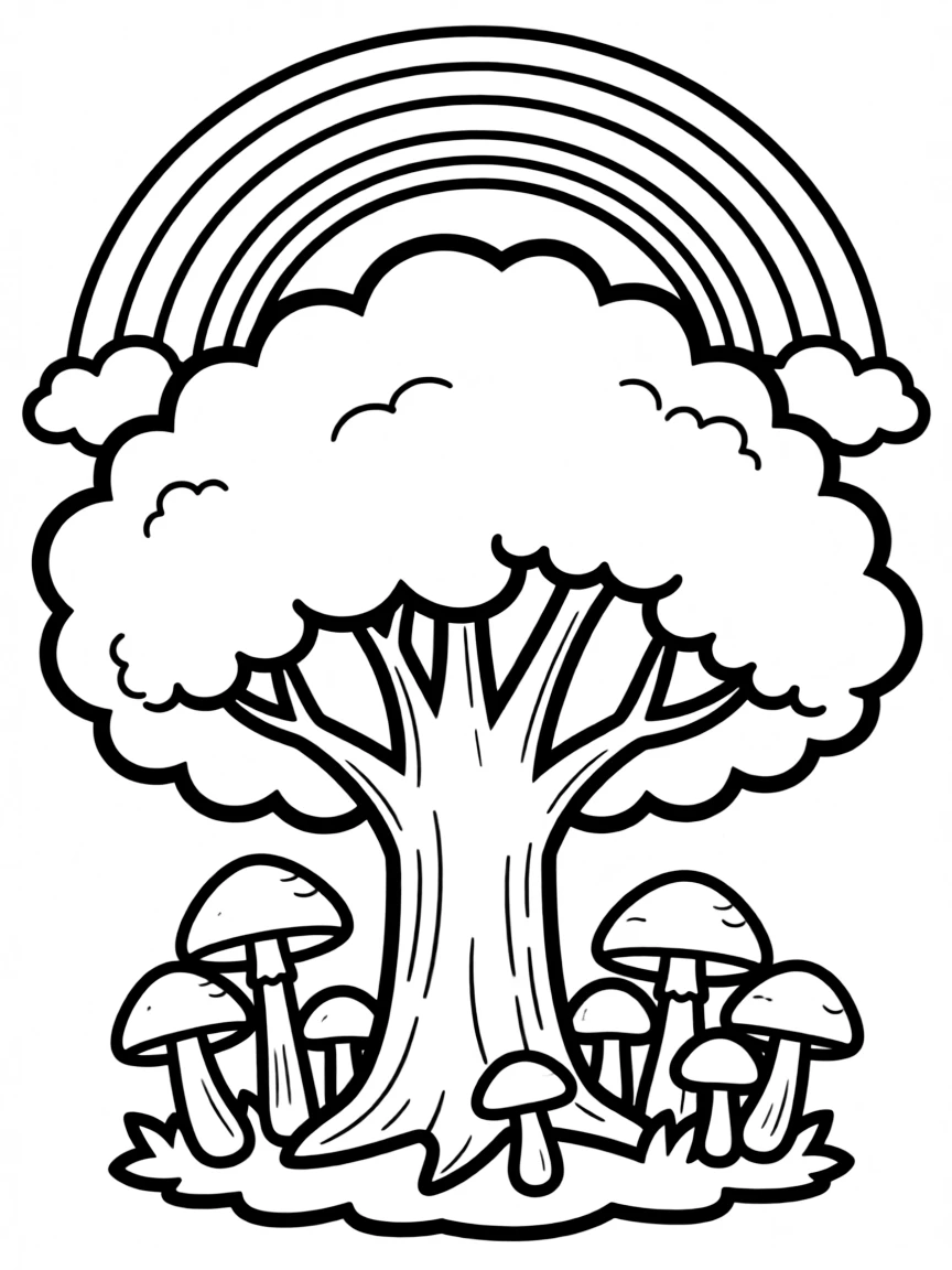 A mushroom patch under a tree under a rainbow