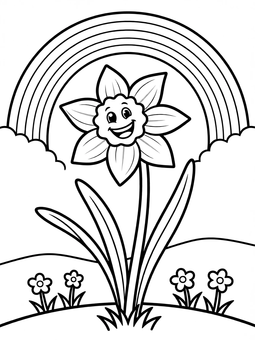 A smiling daffodil waving in the breeze under a rainbow