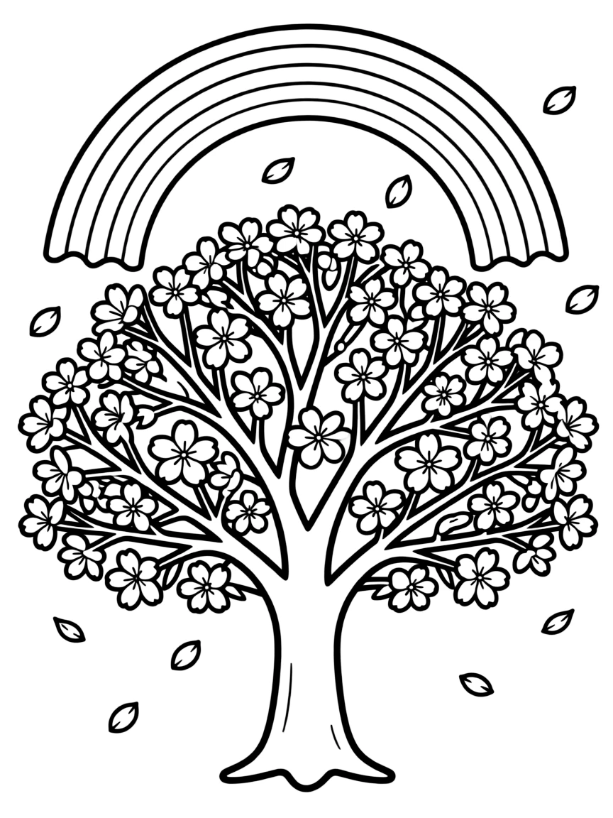 A cherry blossom tree with falling petals under a rainbow