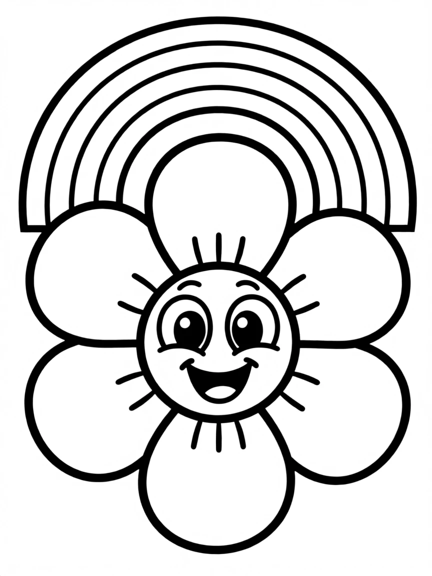 A happy blossom with cartoon eyes and a smile under a rainbow