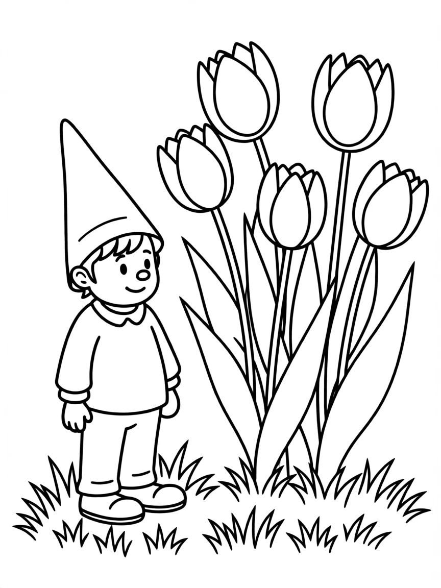 A meadow gnome standing beside a tulip patch