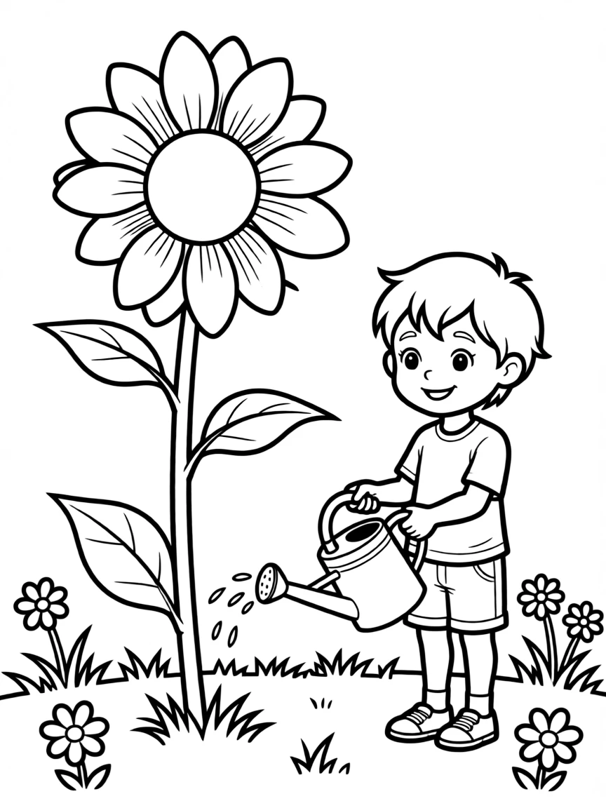 A child watering a sunblossom in the meadow
