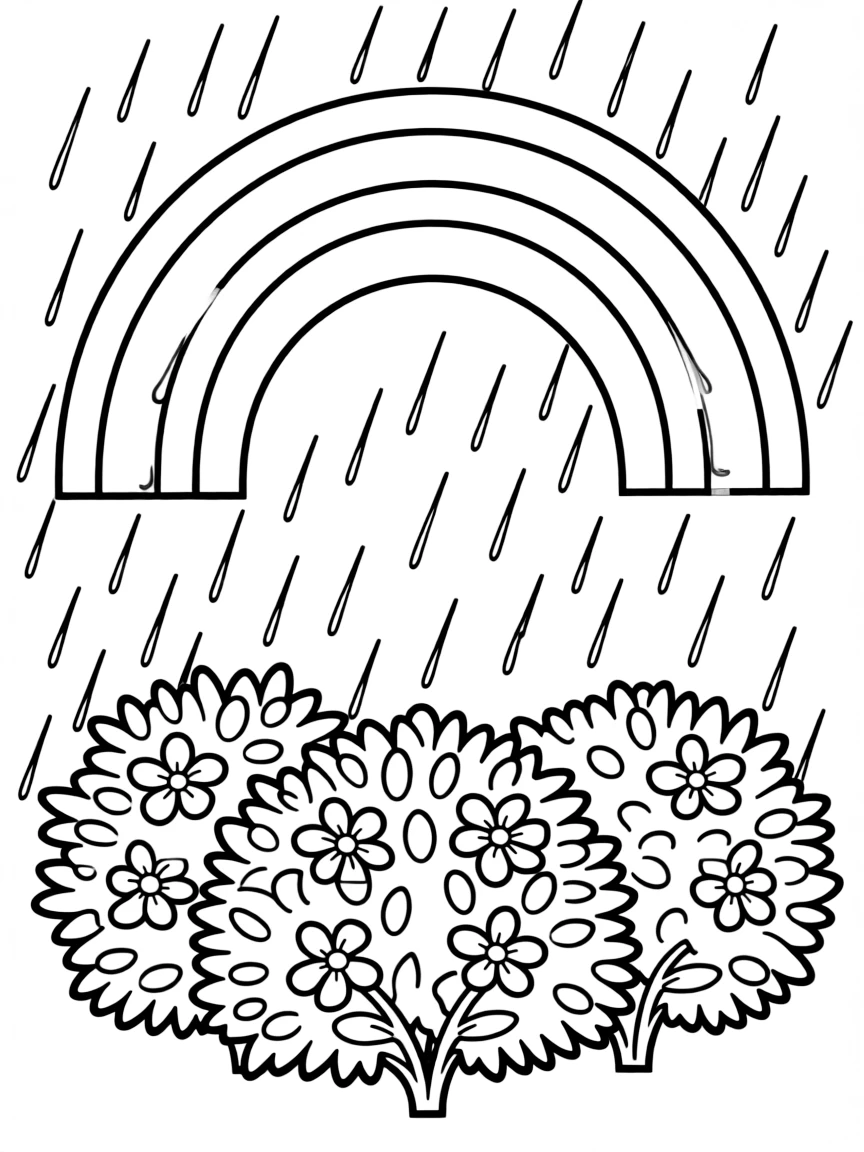 A scene of rain falling on a group of shrubs under a rainbow under a rainbow