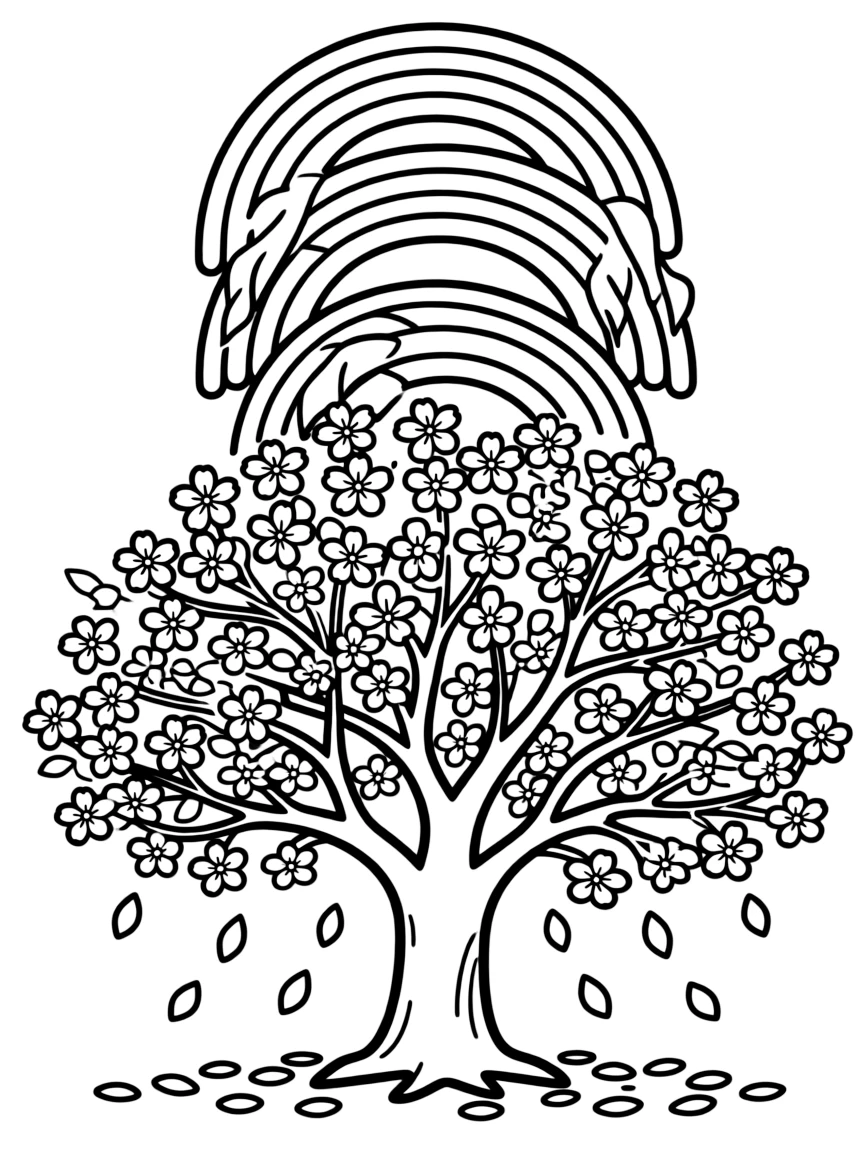A cherry blossom tree with falling petals under a rainbow under a rainbow under a rainbow under a rainbow
