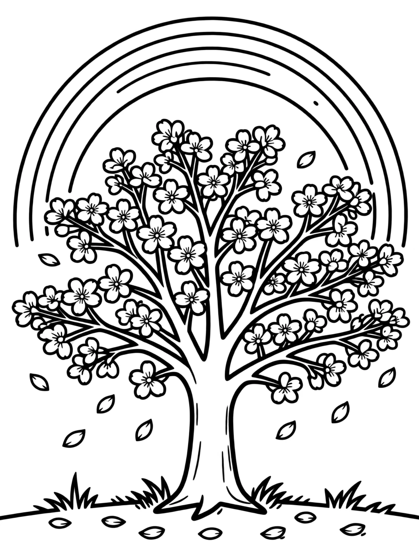 A cherry blossom tree with falling petals under a rainbow