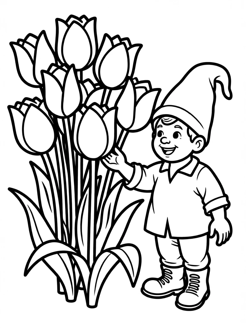 A meadow gnome standing beside a tulip patch