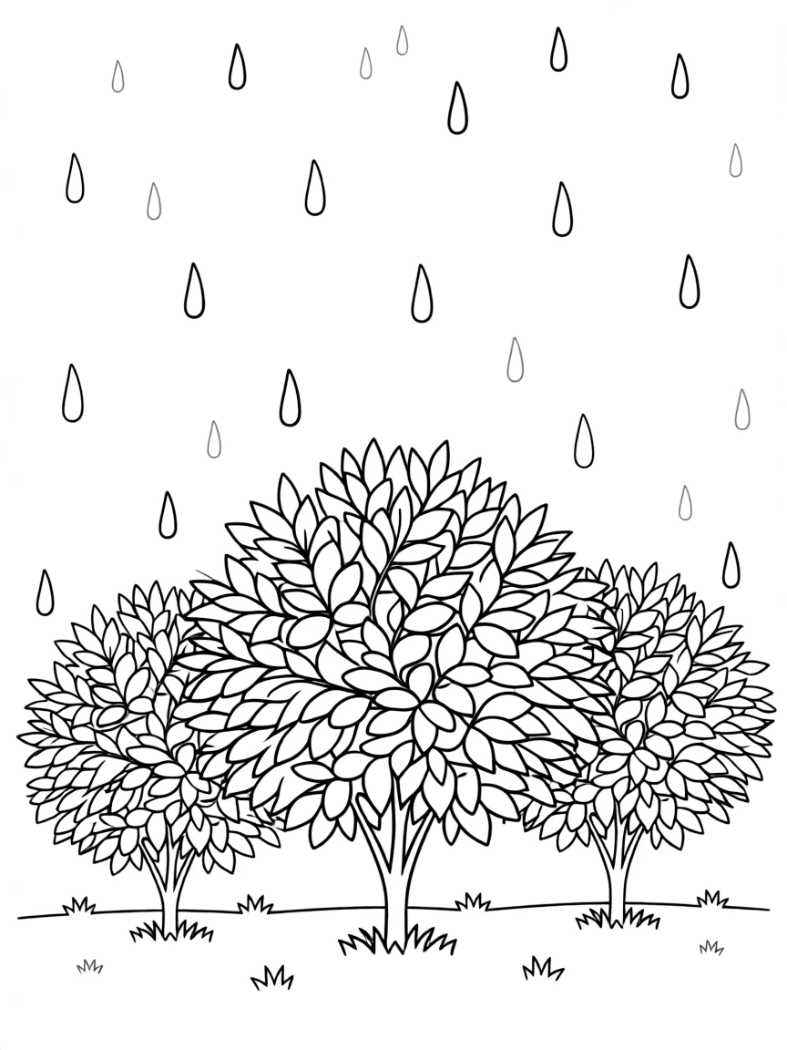 A scene of rain falling on a group of shrubs