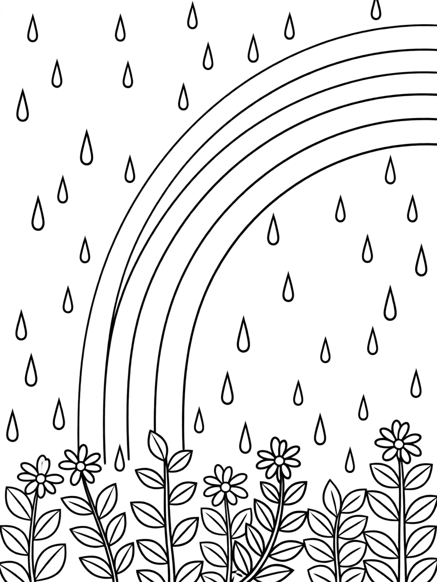 A scene of rain falling on a group of shrubs under a rainbow
