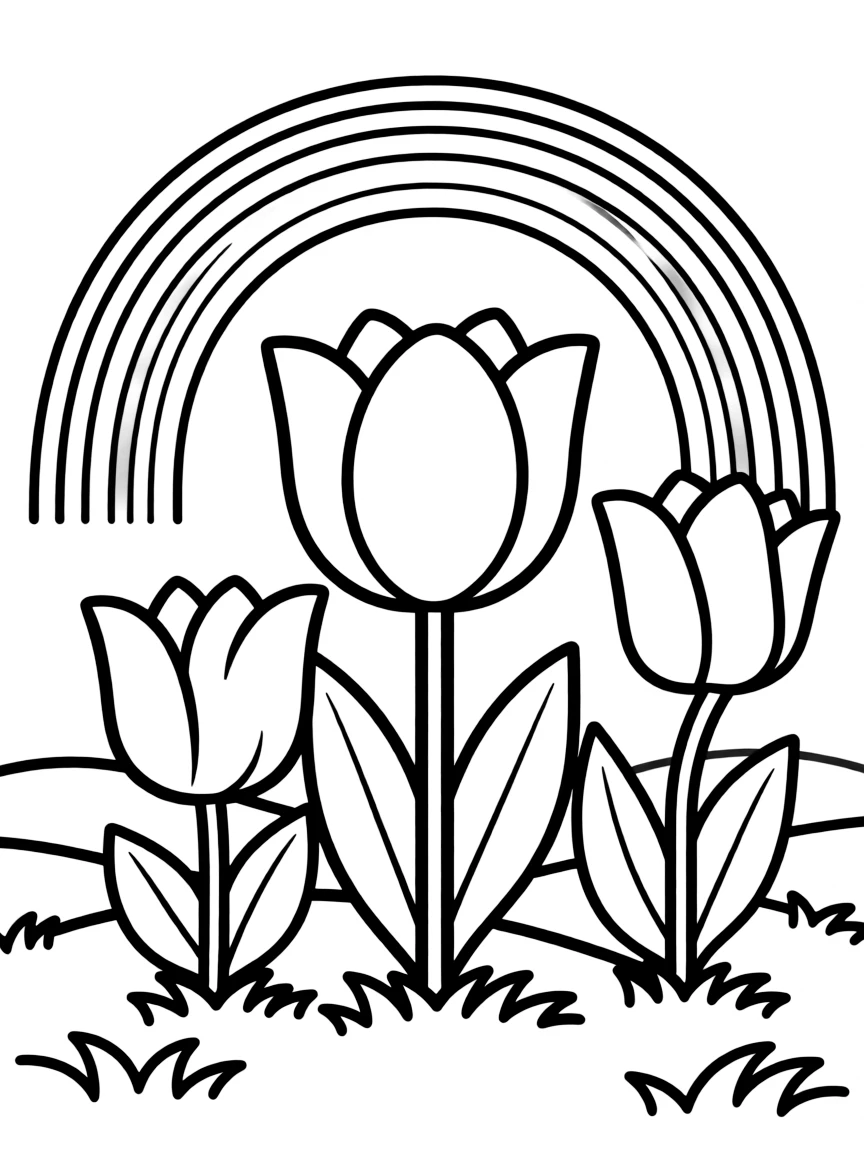 A meadow with three tulips in different colors, each with big leaves under a rainbow