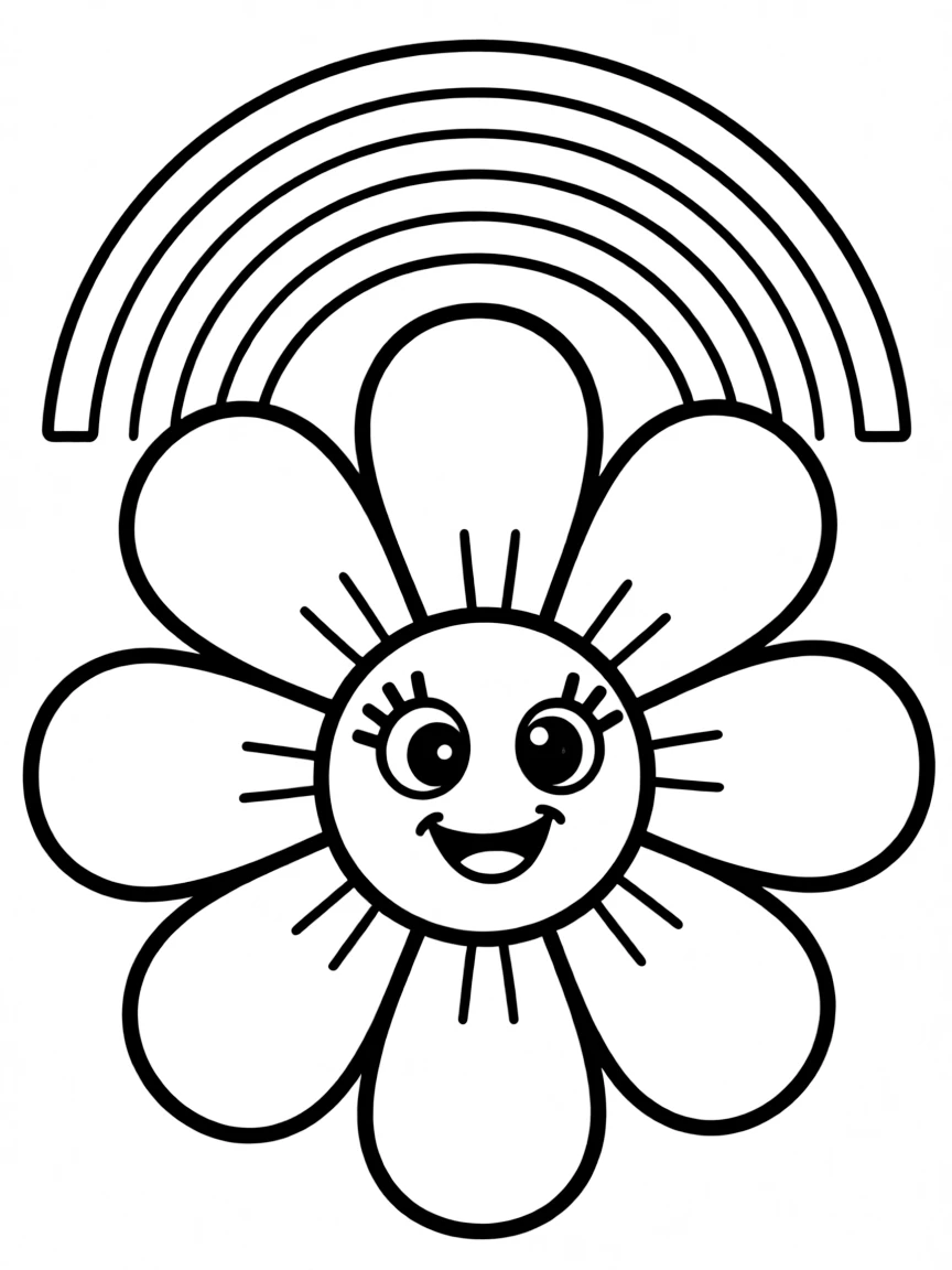 A happy blossom with cartoon eyes and a smile under a rainbow