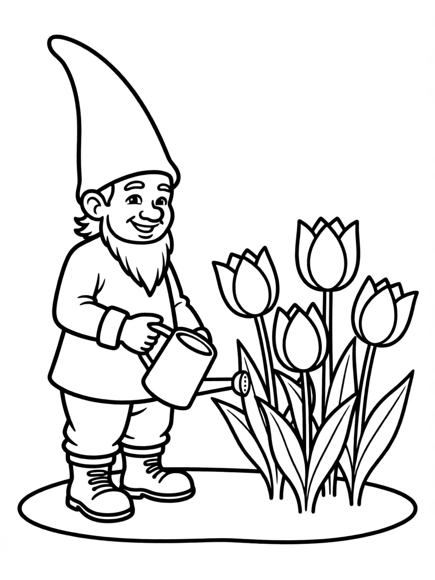 A meadow gnome standing beside a tulip patch