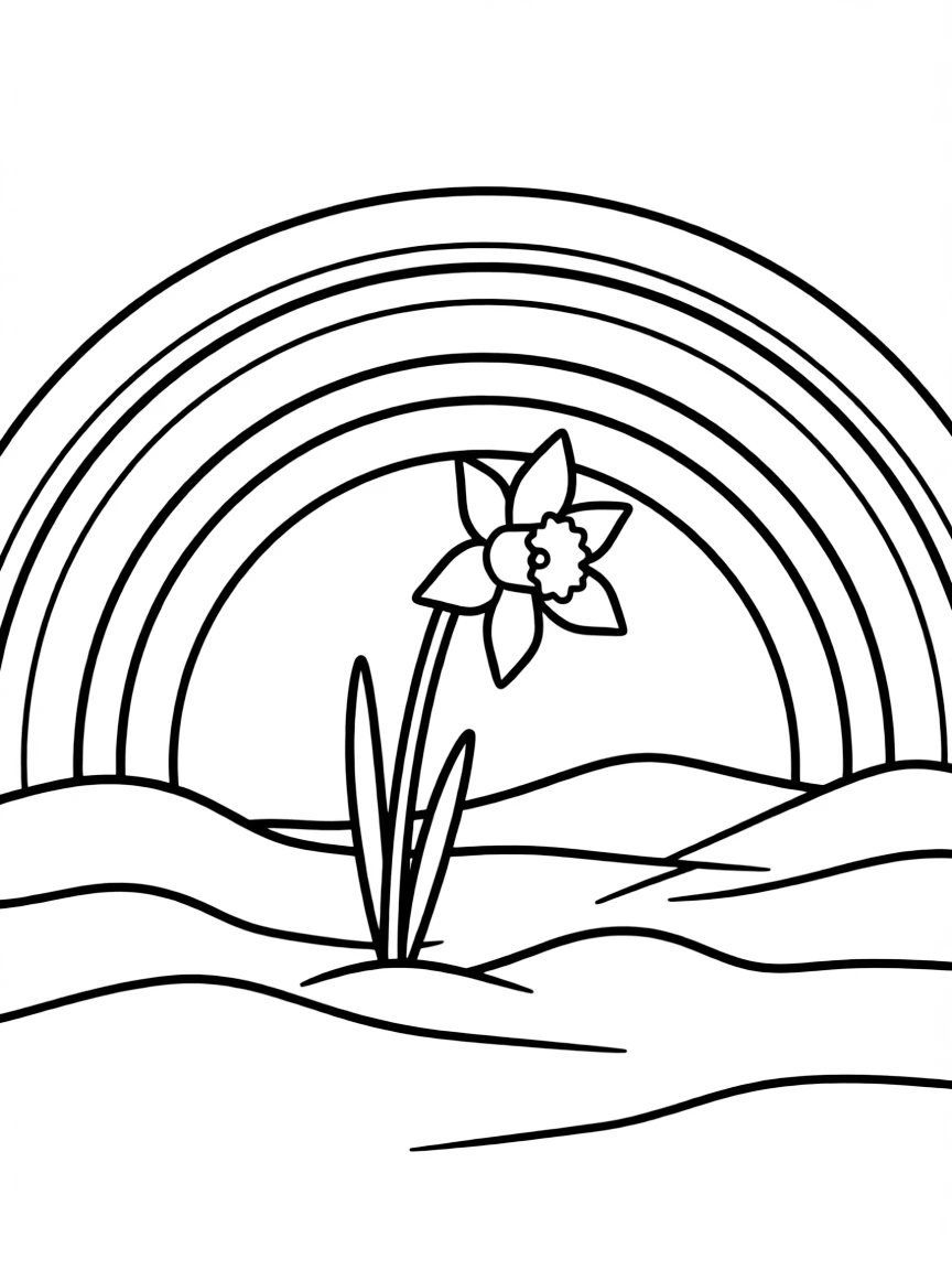 A daffodil poking out from the snow under a rainbow under a rainbow