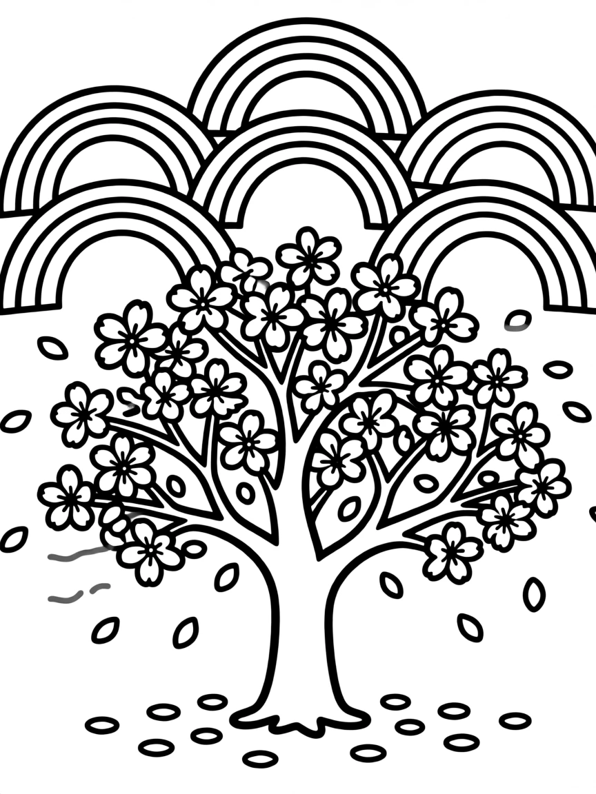 A cherry blossom tree with falling petals under a rainbow under a rainbow under a rainbow under a rainbow