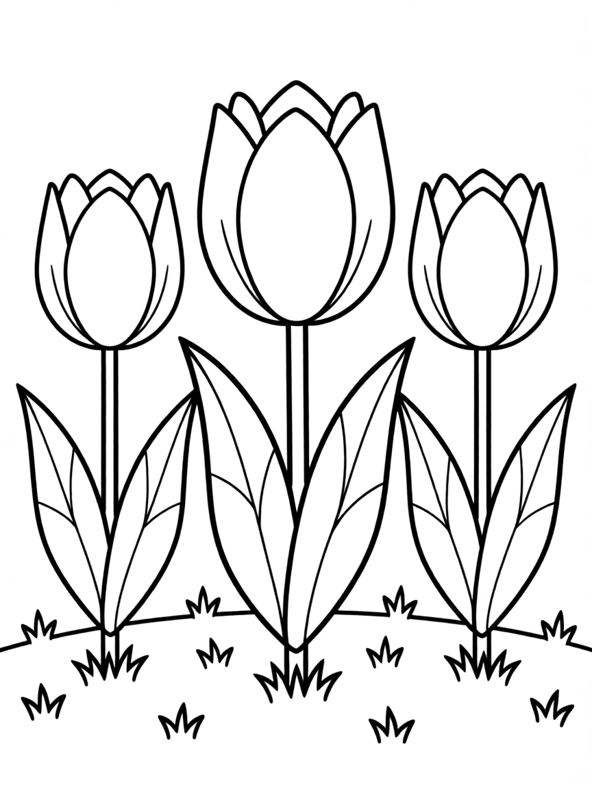 A meadow with three tulips in different colors, each with big leaves