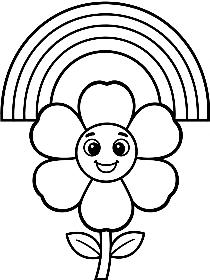 A happy blossom with cartoon eyes and a smile under a rainbow
