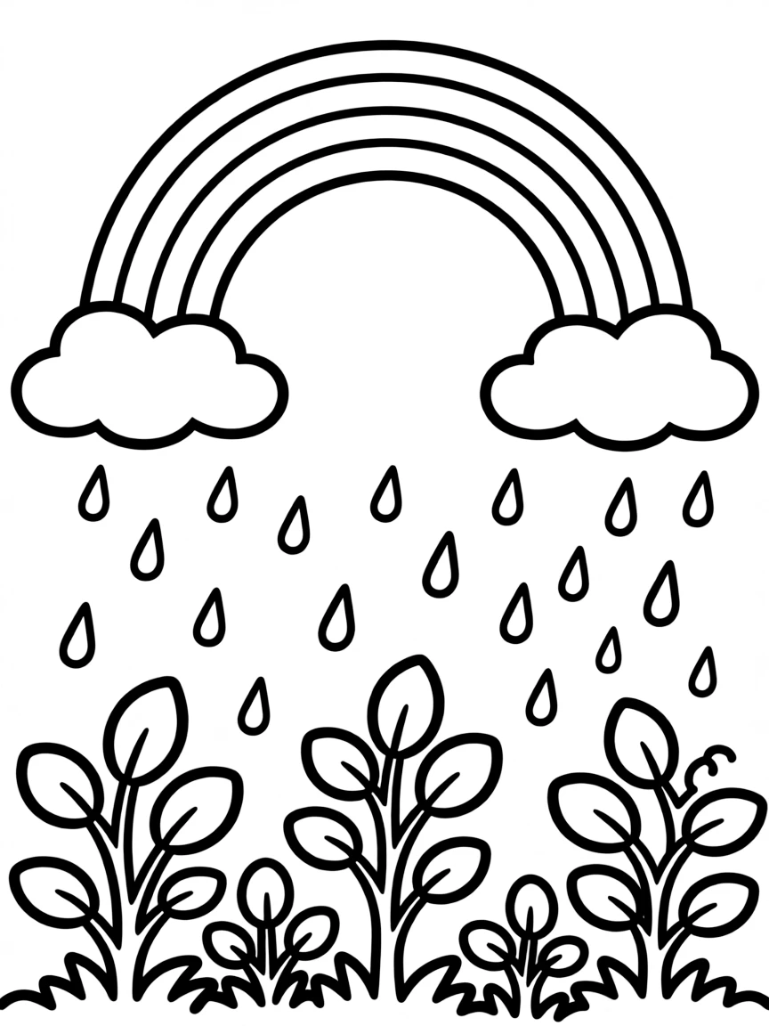 A scene of rain falling on a group of shrubs under a rainbow under a rainbow