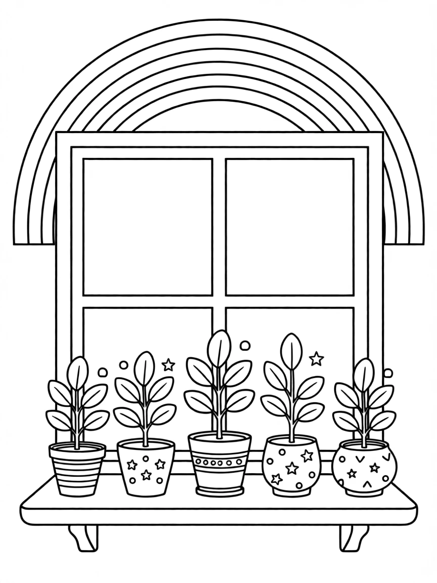 A row of potted houseshrubs on a windowsill under a rainbow