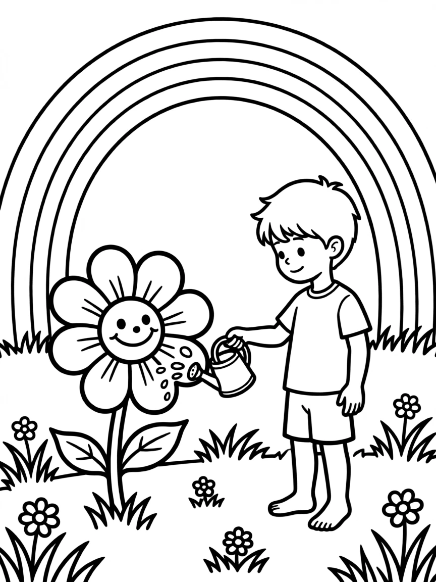 A child watering a sunblossom in the meadow under a rainbow