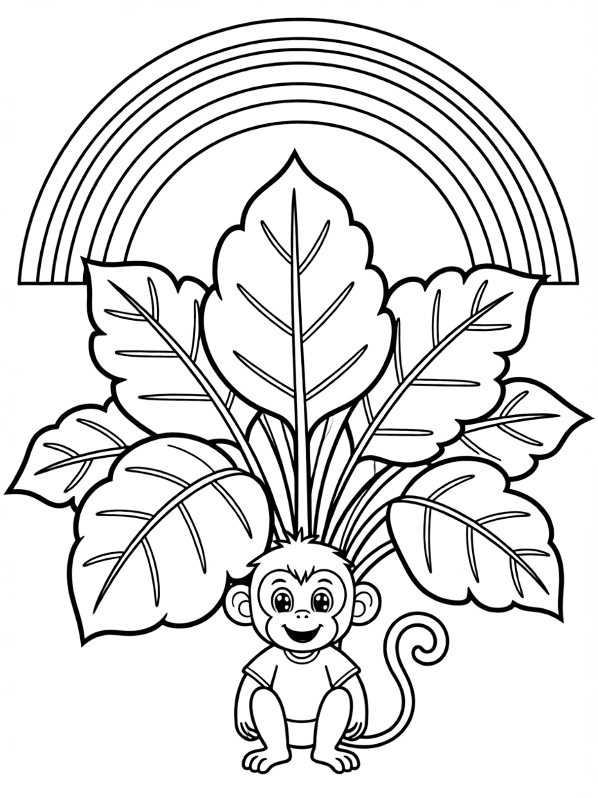 A jungle shrub with giant leaves and a monkey under a rainbow under a rainbow