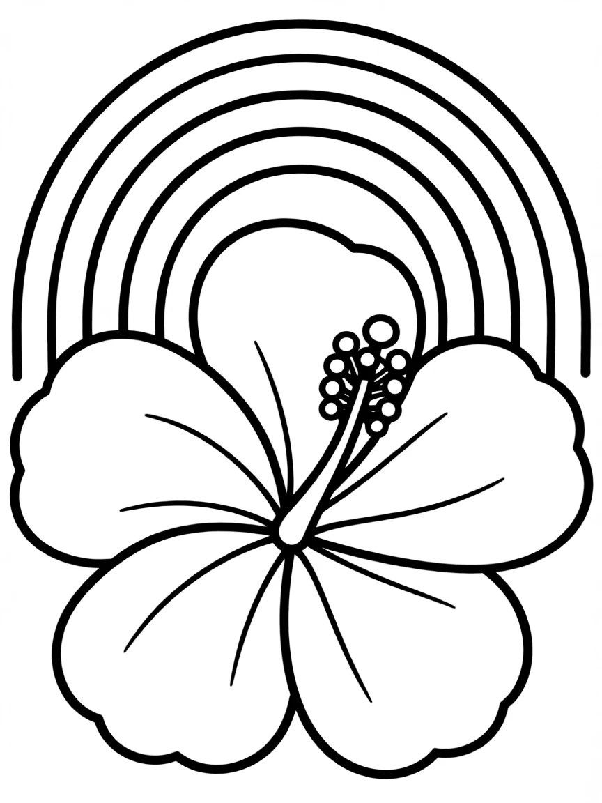 A tropical hibiscus blossom with large petals under a rainbow