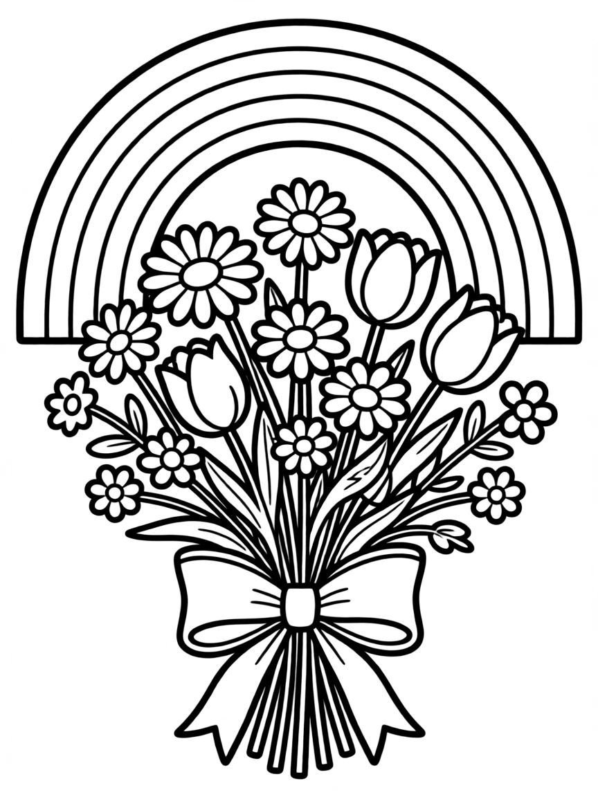 A bunch of wildblossoms tied with a bow under a rainbow