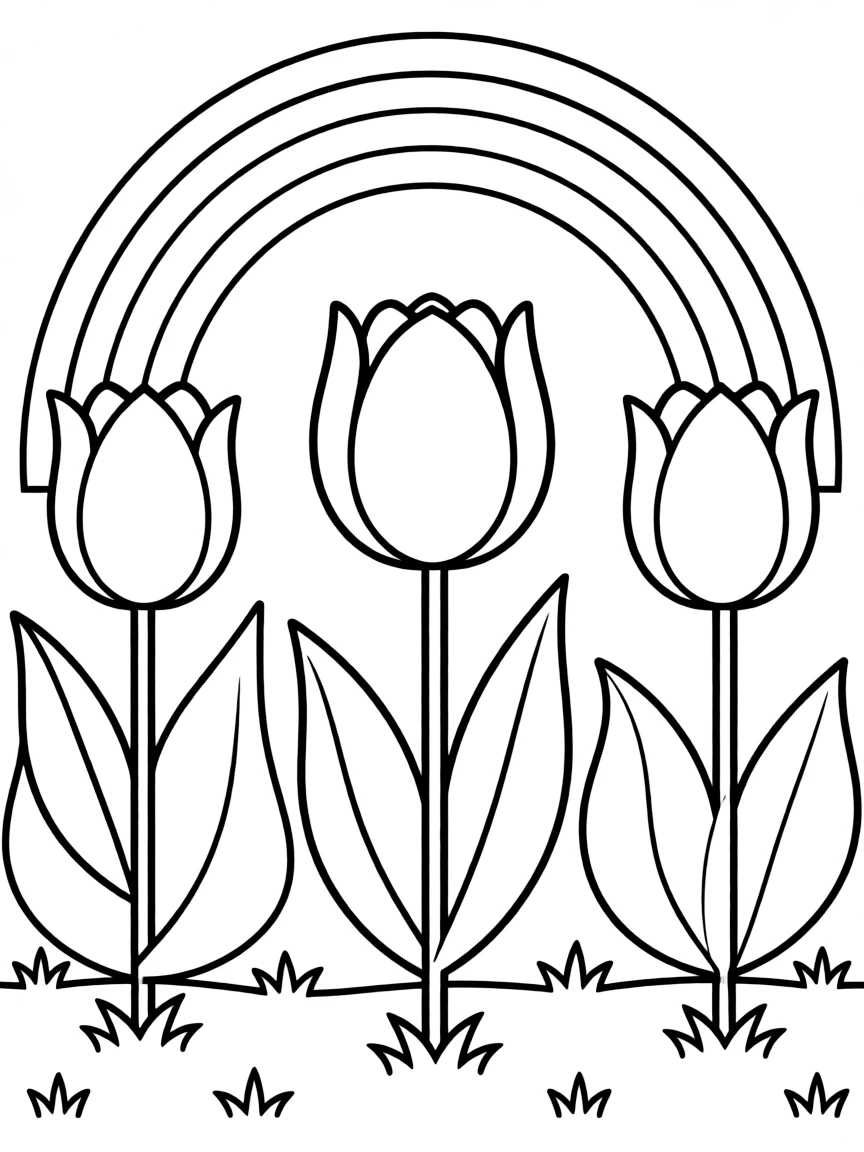 A meadow with three tulips in different colors, each with big leaves under a rainbow