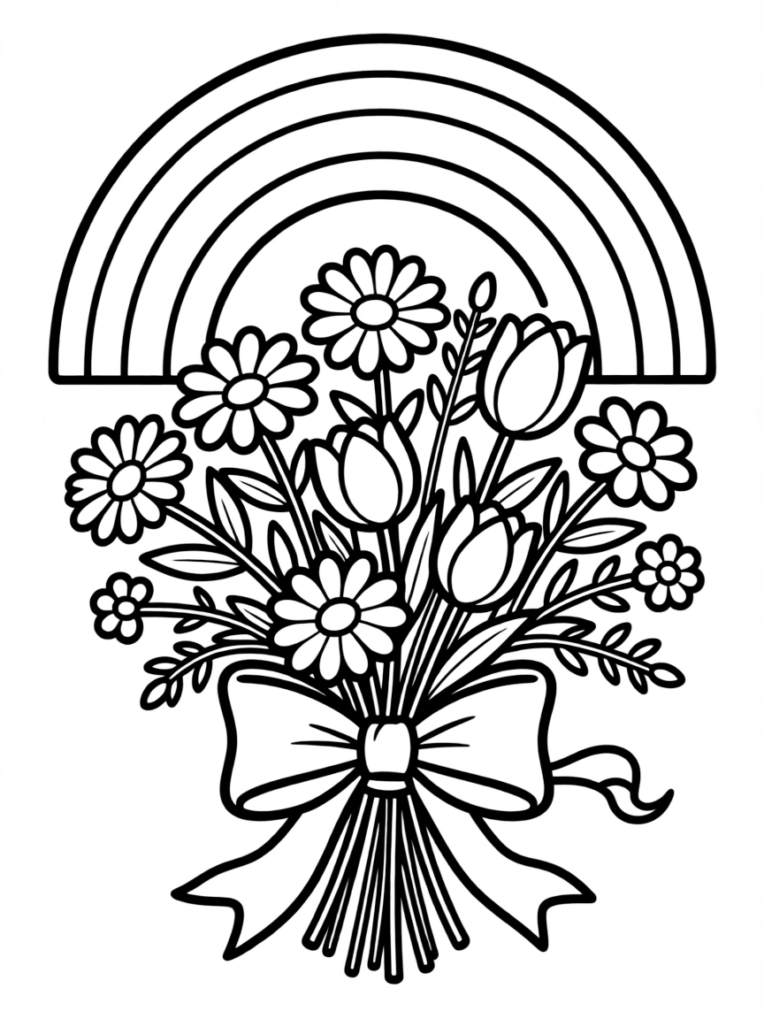 A bunch of wildblossoms tied with a bow under a rainbow