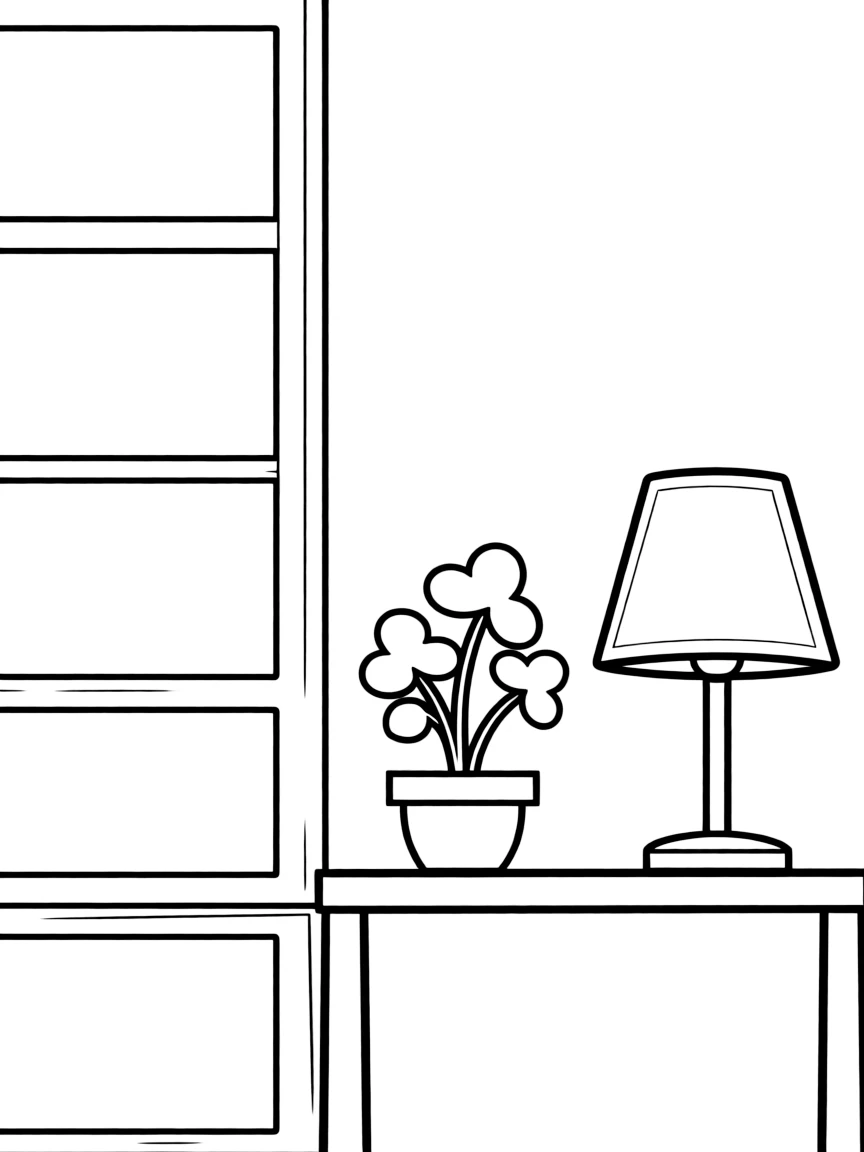 A shrub on a bookshelf next to a lamp