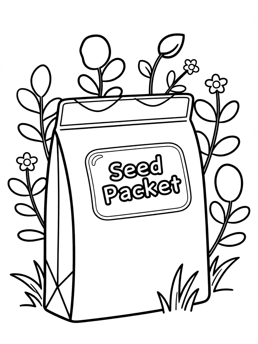 A seed packet with shrubs growing around it