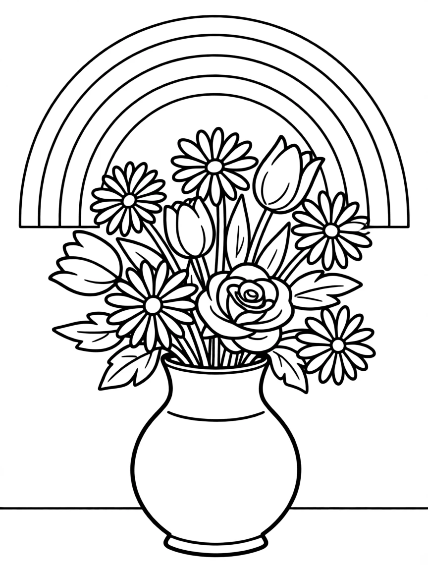 A bouquet in a vase with various blossoms under a rainbow