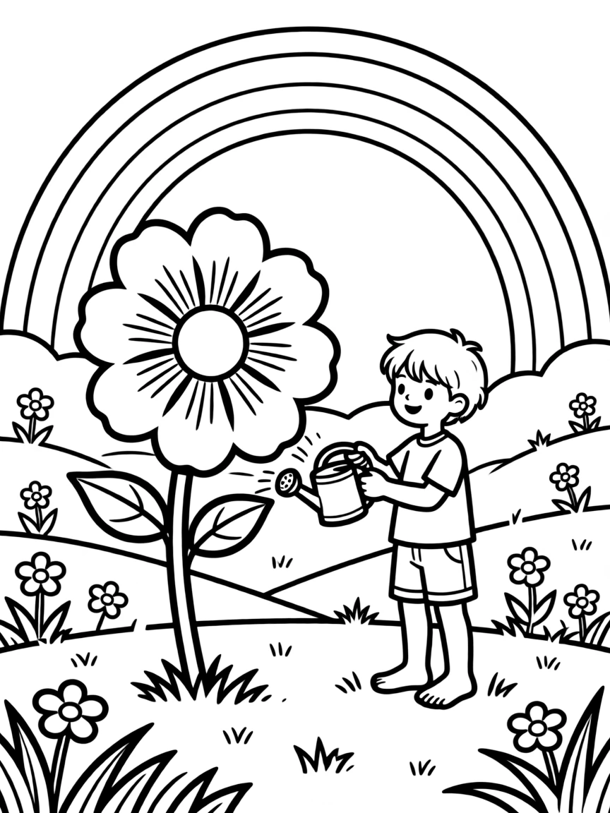 A child watering a sunblossom in the meadow under a rainbow
