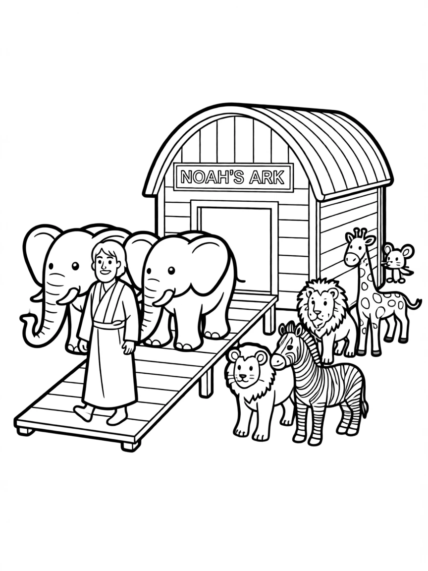 Noah leading two by two of all the animals into the ark, including elephants and tiny mice.