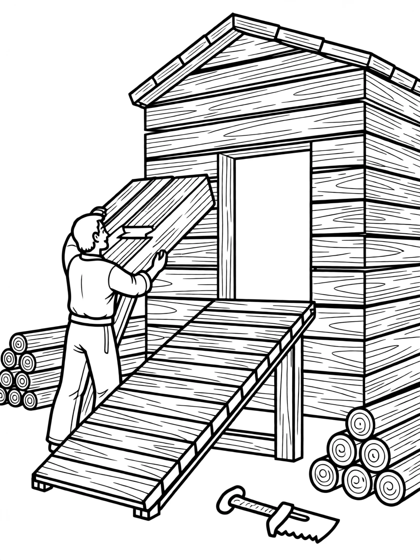 Noah building a big, strong ark with lots of wooden planks and a ramp.