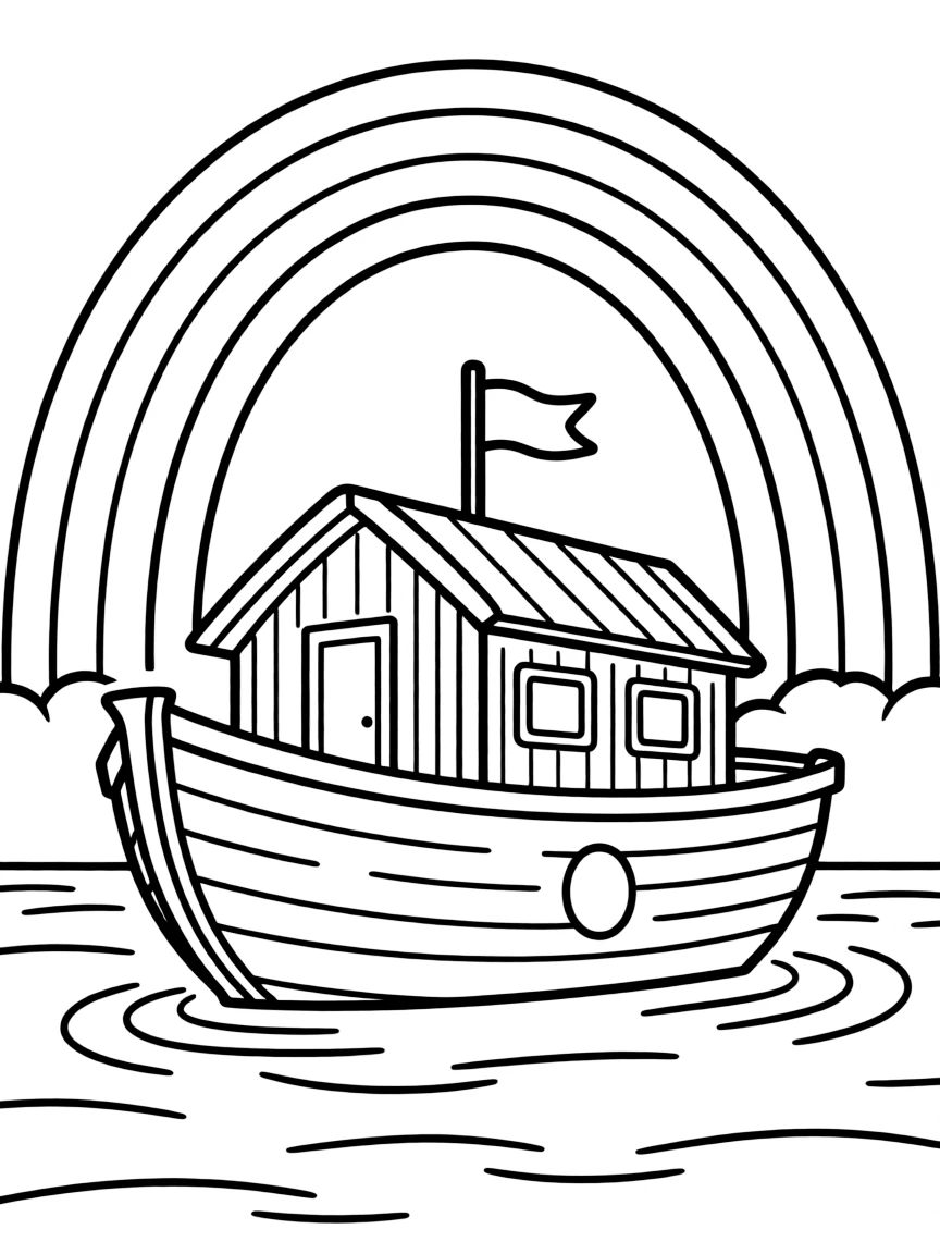 The ark floating on calm water with a colorful rainbow stretching across the sky.