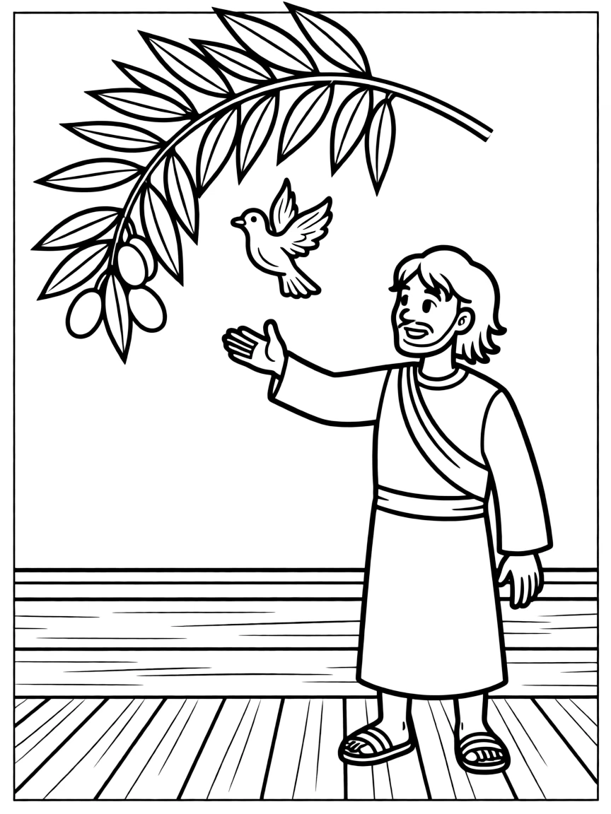 Noah releasing a dove from the ark, with the dove flying towards a green olive branch.