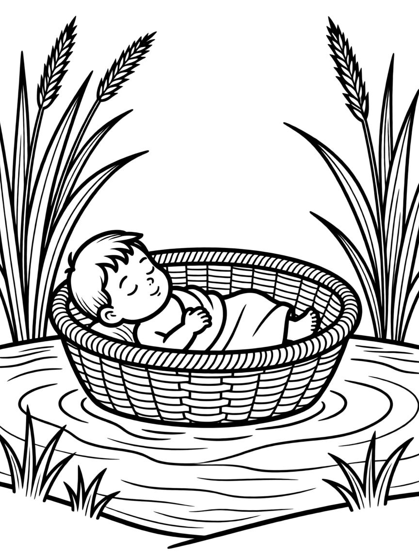 Baby Moses in a woven basket floating gently on the Nile River, surrounded by reeds.