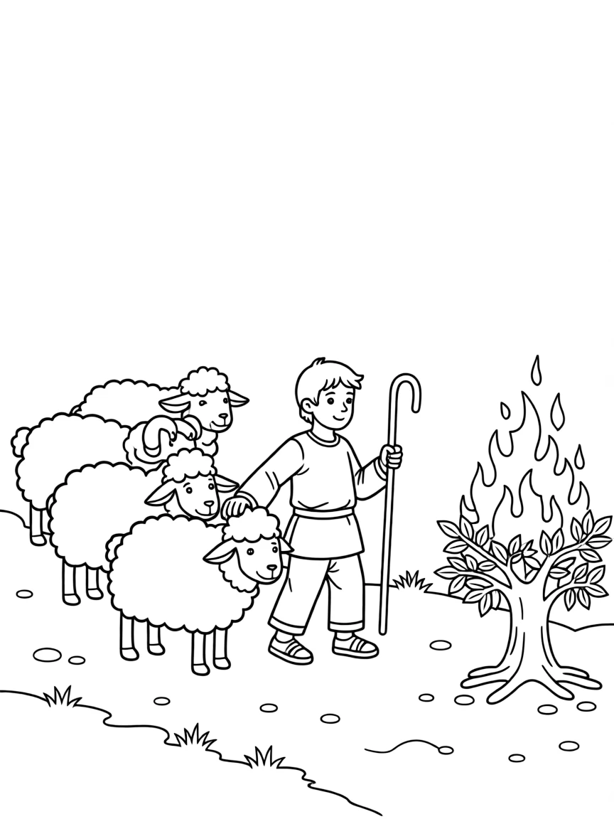 Moses as a shepherd, leading a flock of fluffy sheep near a burning bush that isn't burning up.