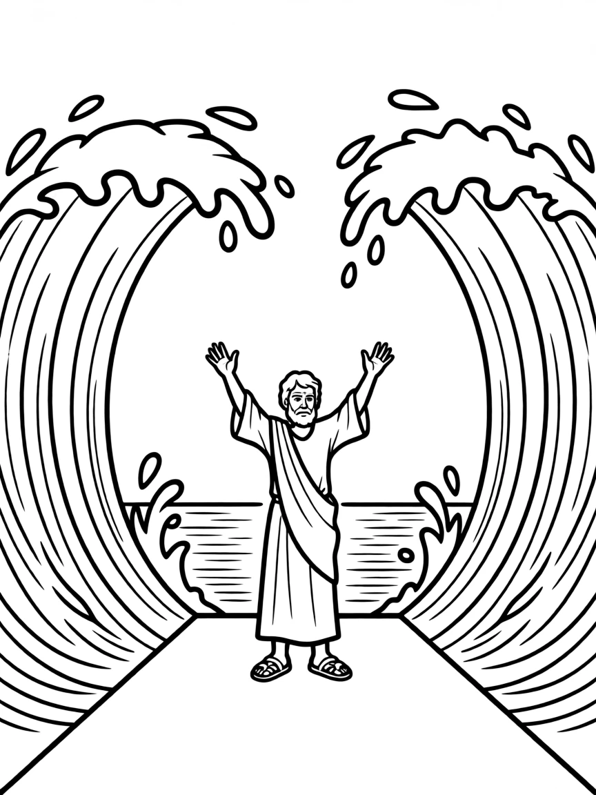 Moses parting the Red Sea, with the water standing up like tall blue walls on either side.