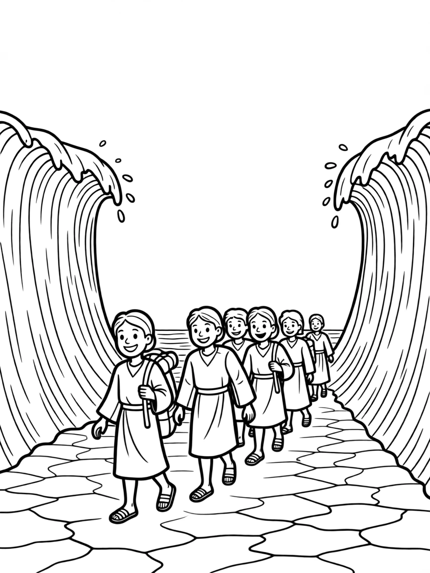 The Israelites walking safely across the dry land of the Red Sea, with happy faces.