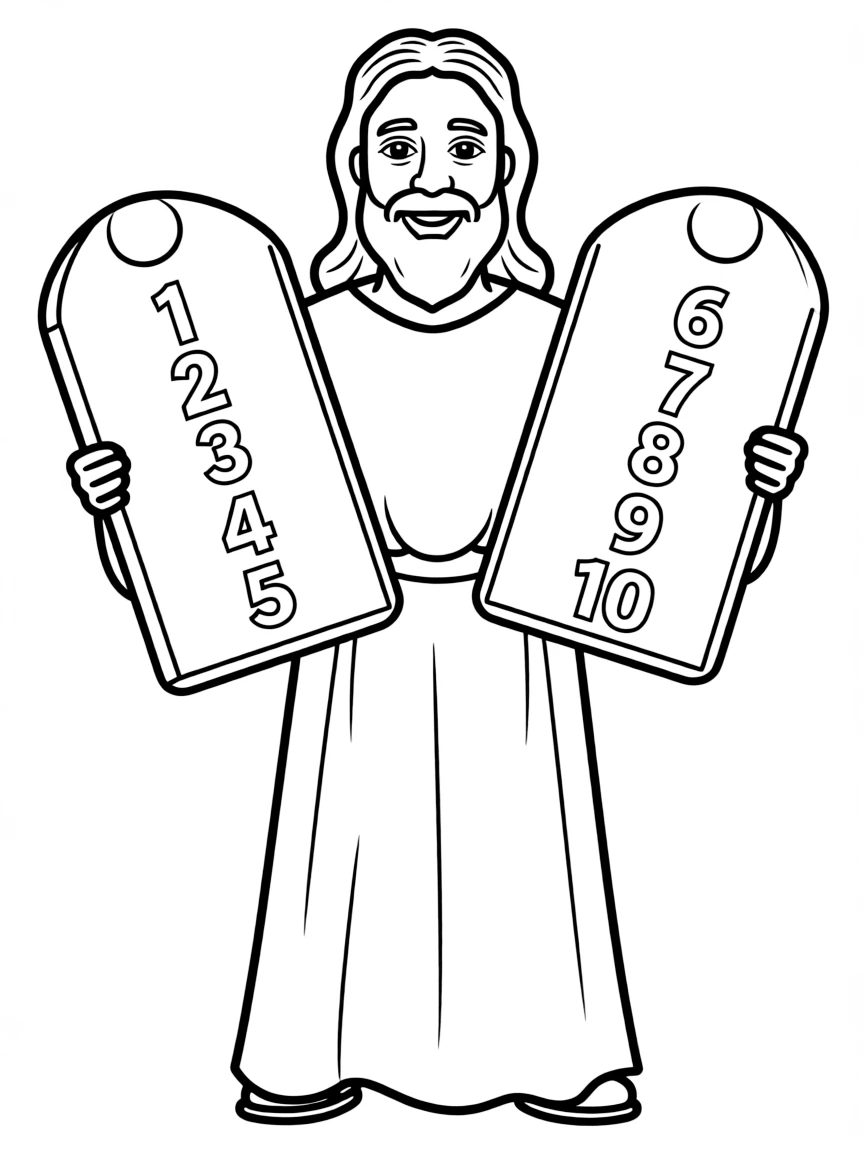 Moses holding two stone tablets with the Ten Commandments, looking wise and kind.