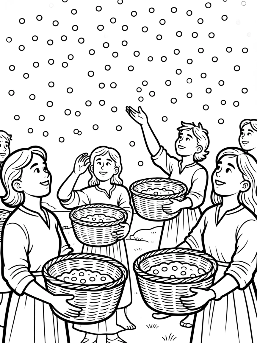 Manna falling from the sky like little white flakes, and people collecting it in baskets.